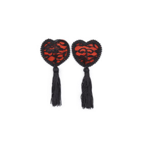 Paire de cache tétons adhésifs en forme de cœur avec dentelle noire et pompom 
